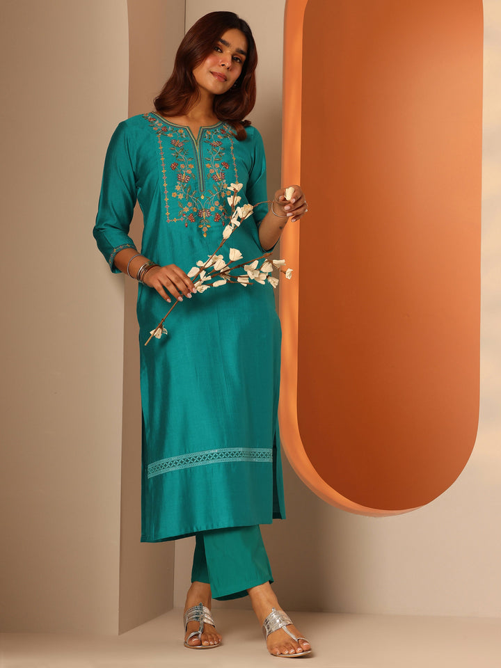 Turquoise Blue Embroidered Silk Blend Straight Kurta Set