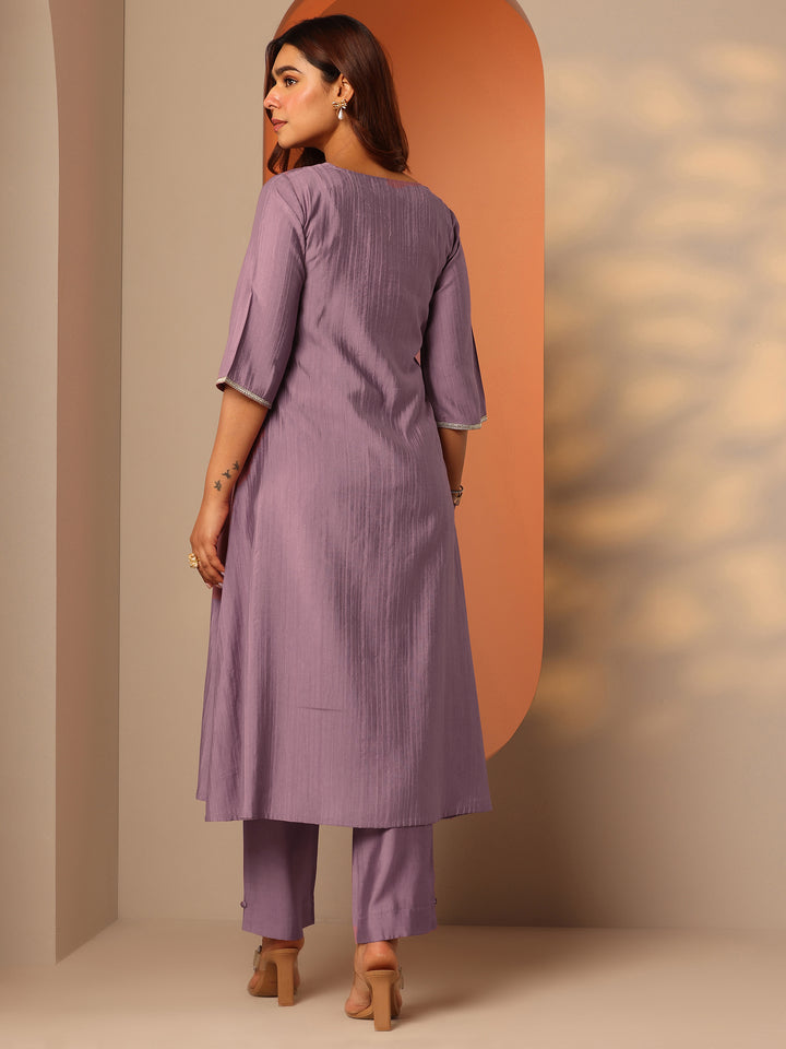 Mauve Embroidered Silk Blend A-Line Kurta Set