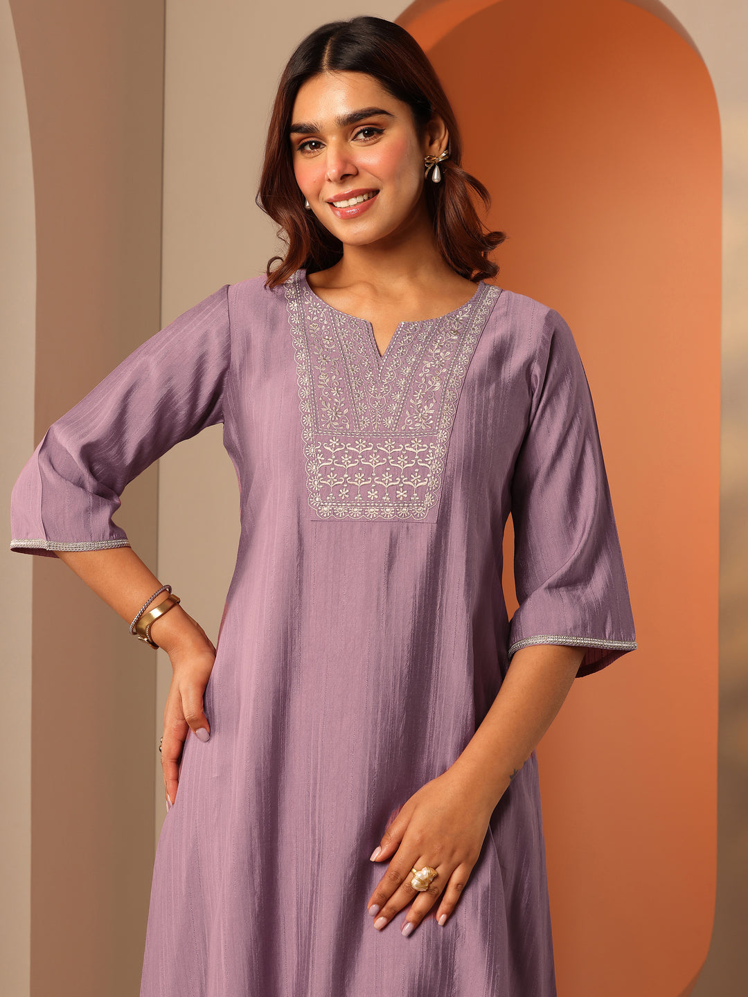 Mauve Embroidered Silk Blend A-Line Kurta Set
