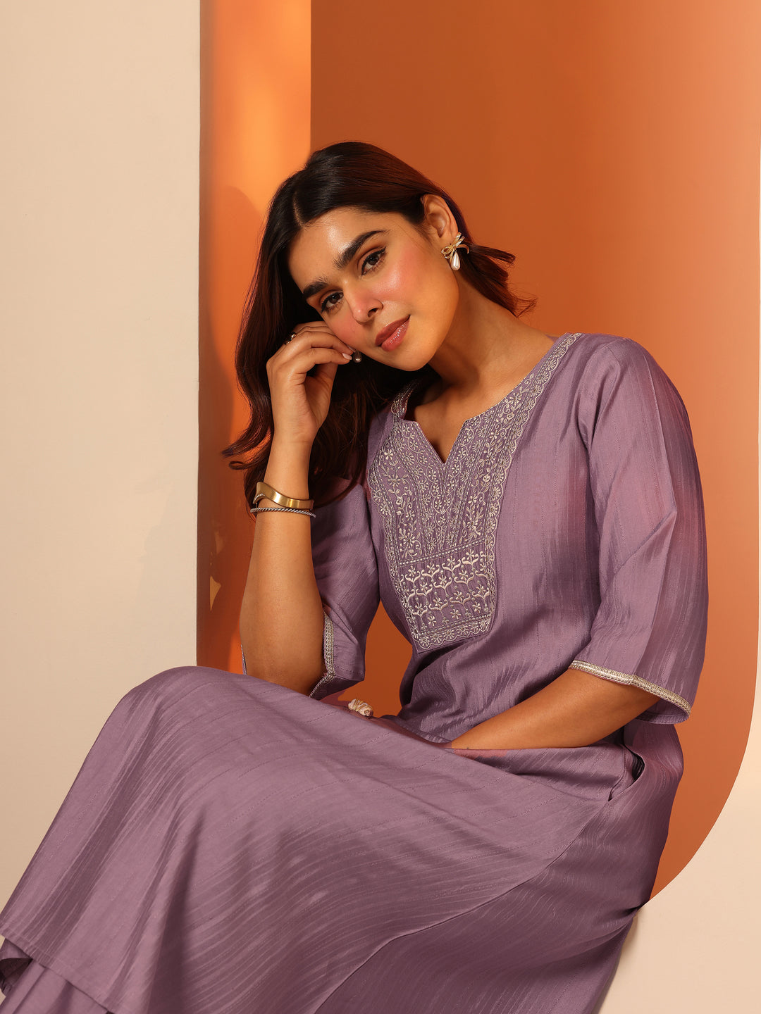 Mauve Embroidered Silk Blend A-Line Kurta Set