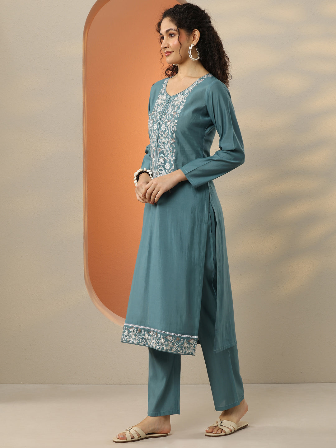 Blue Embroidered Silk Blend  Straight Kurta Set