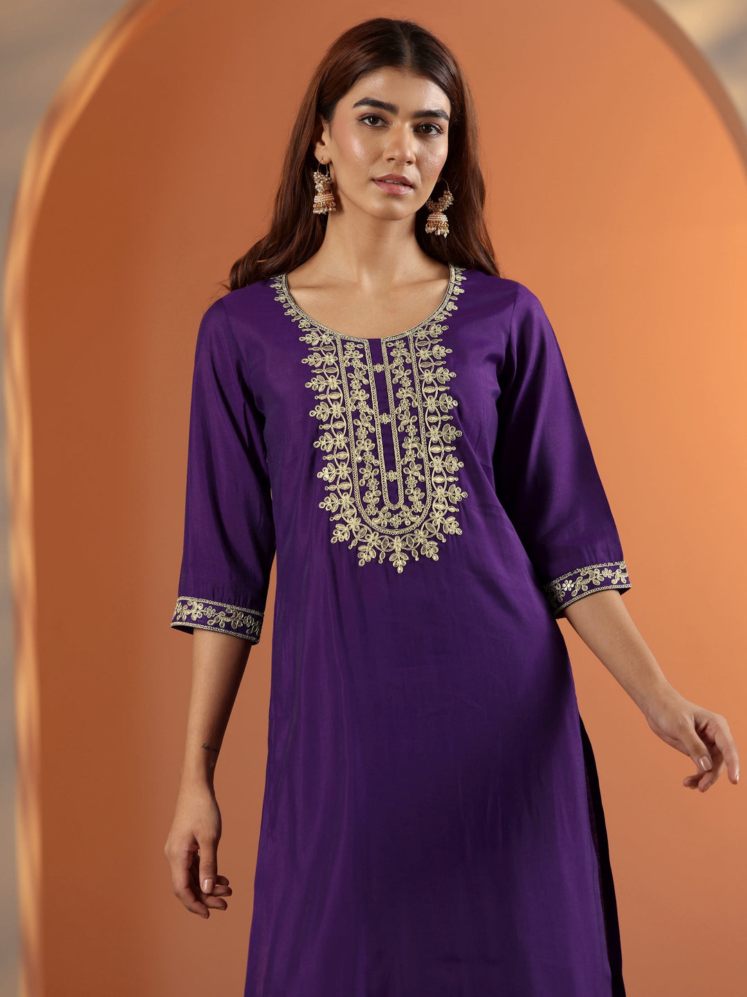 Purple Embroidered Silk Blend Straight Kurta Set