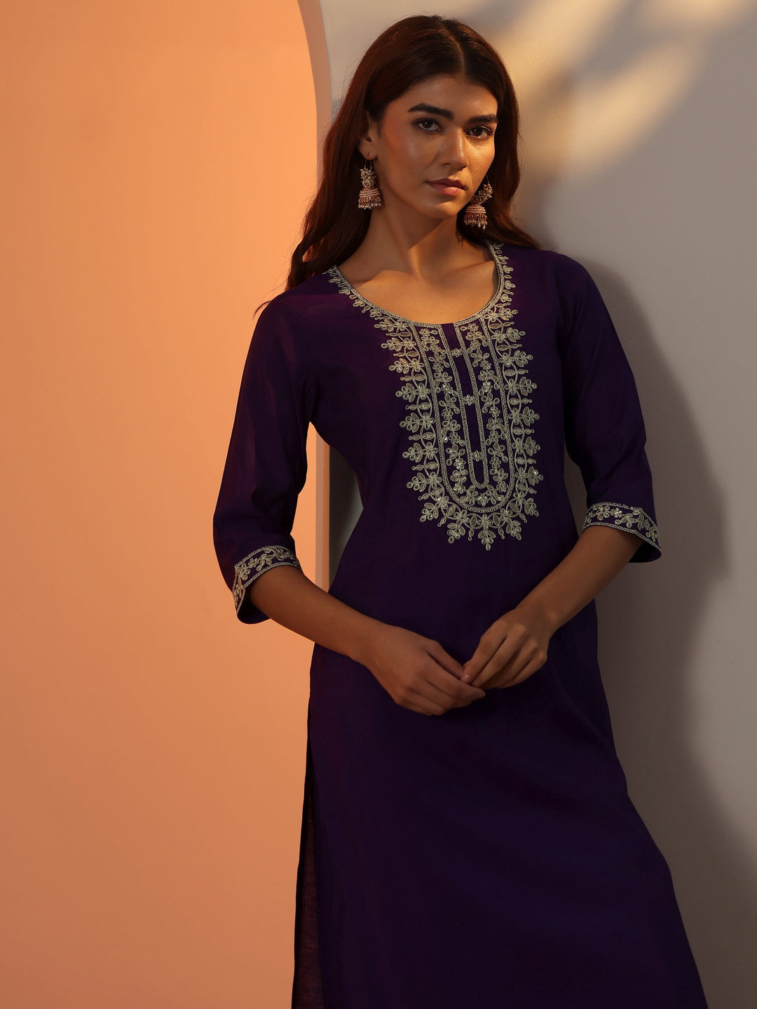 Purple Embroidered Silk Blend Straight Kurta Set