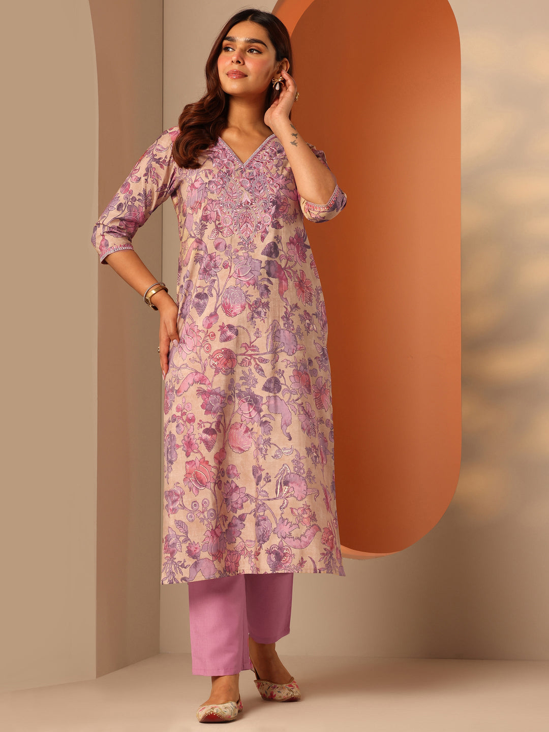 Beige Printed Silk Blend Straight Kurta Set