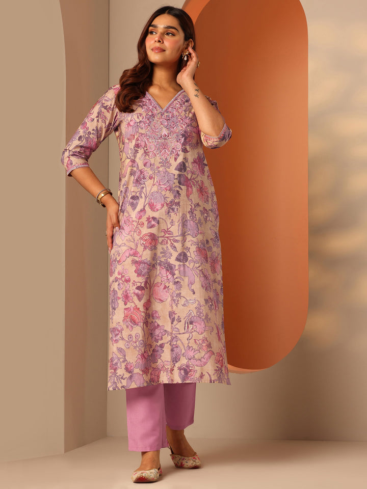 Beige Printed Silk Blend Straight Kurta Set