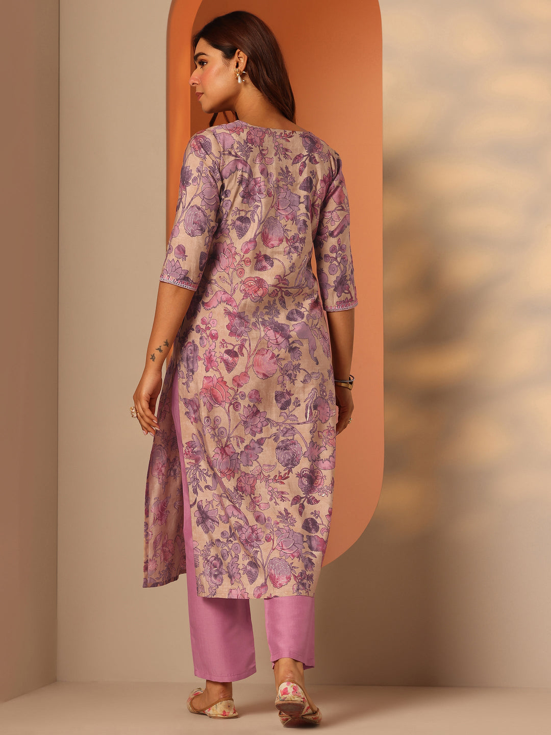 Beige Printed Silk Blend Straight Kurta Set