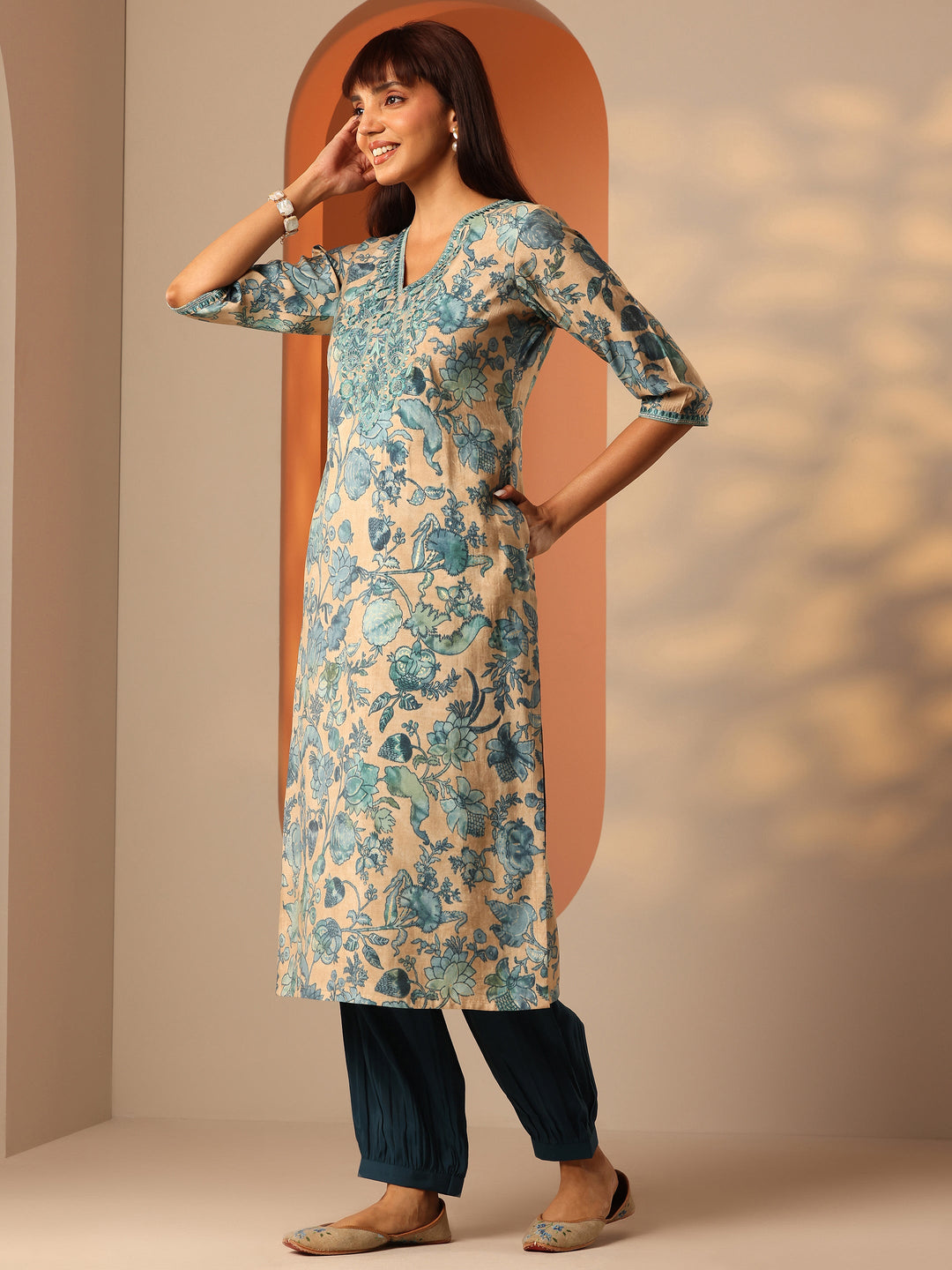 Beige Printed Silk Blend Straight Kurta Set