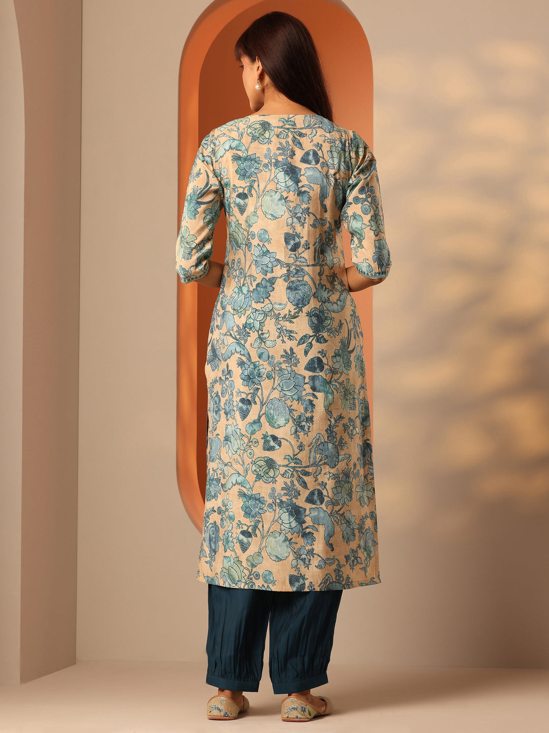 Beige Printed Silk Blend Straight Kurta Set