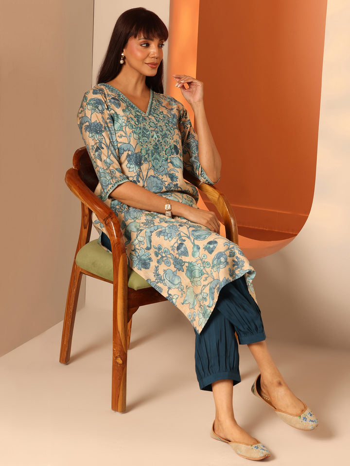 Beige Printed Silk Blend Straight Kurta Set