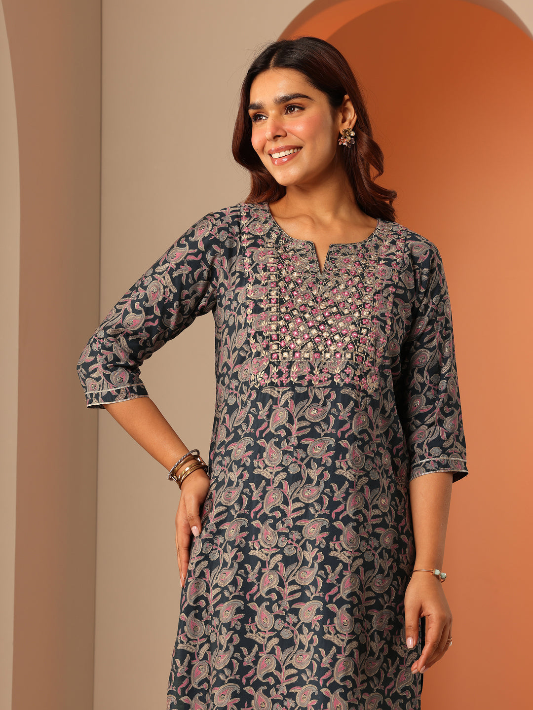 Blue Printed Silk Blend Straight Kurta Set