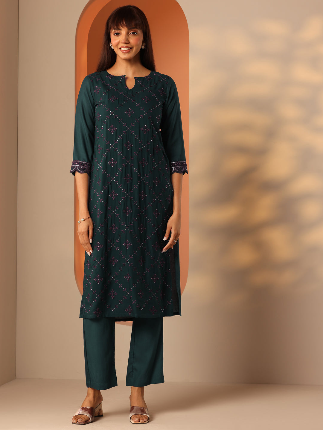 Green Embroidered Rayon Straight Kurta Set