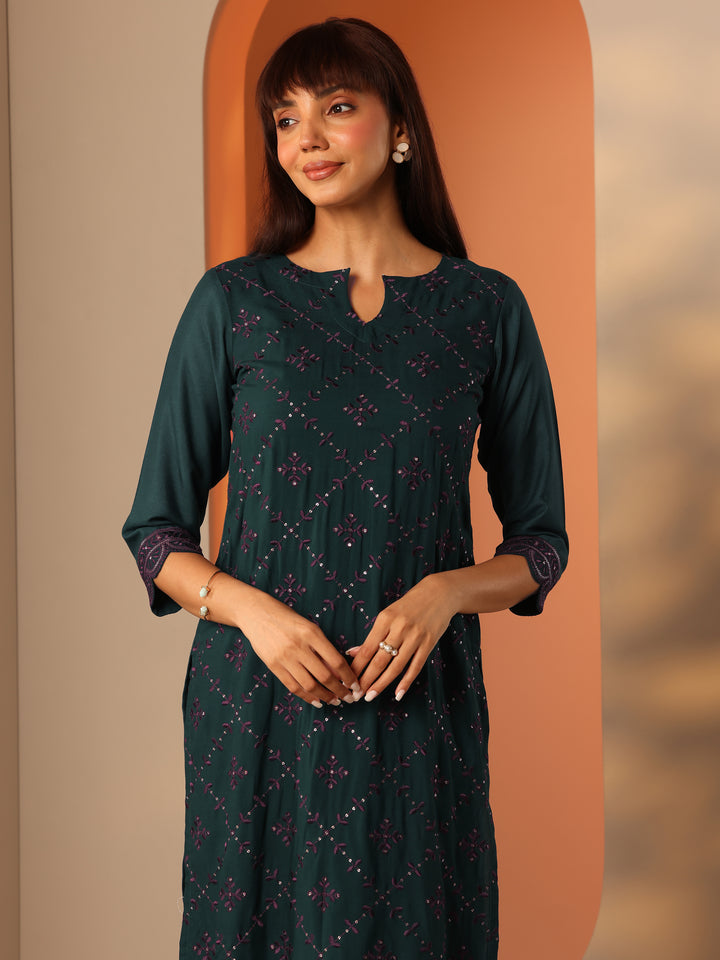 Green Embroidered Rayon Straight Kurta Set