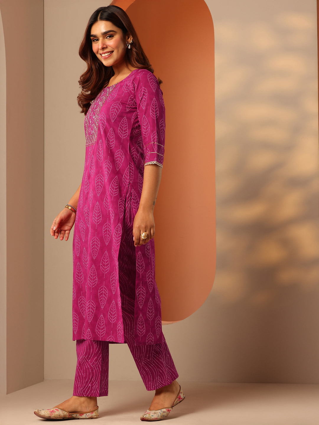 Pink Printed Cotton Straight Kurta Set