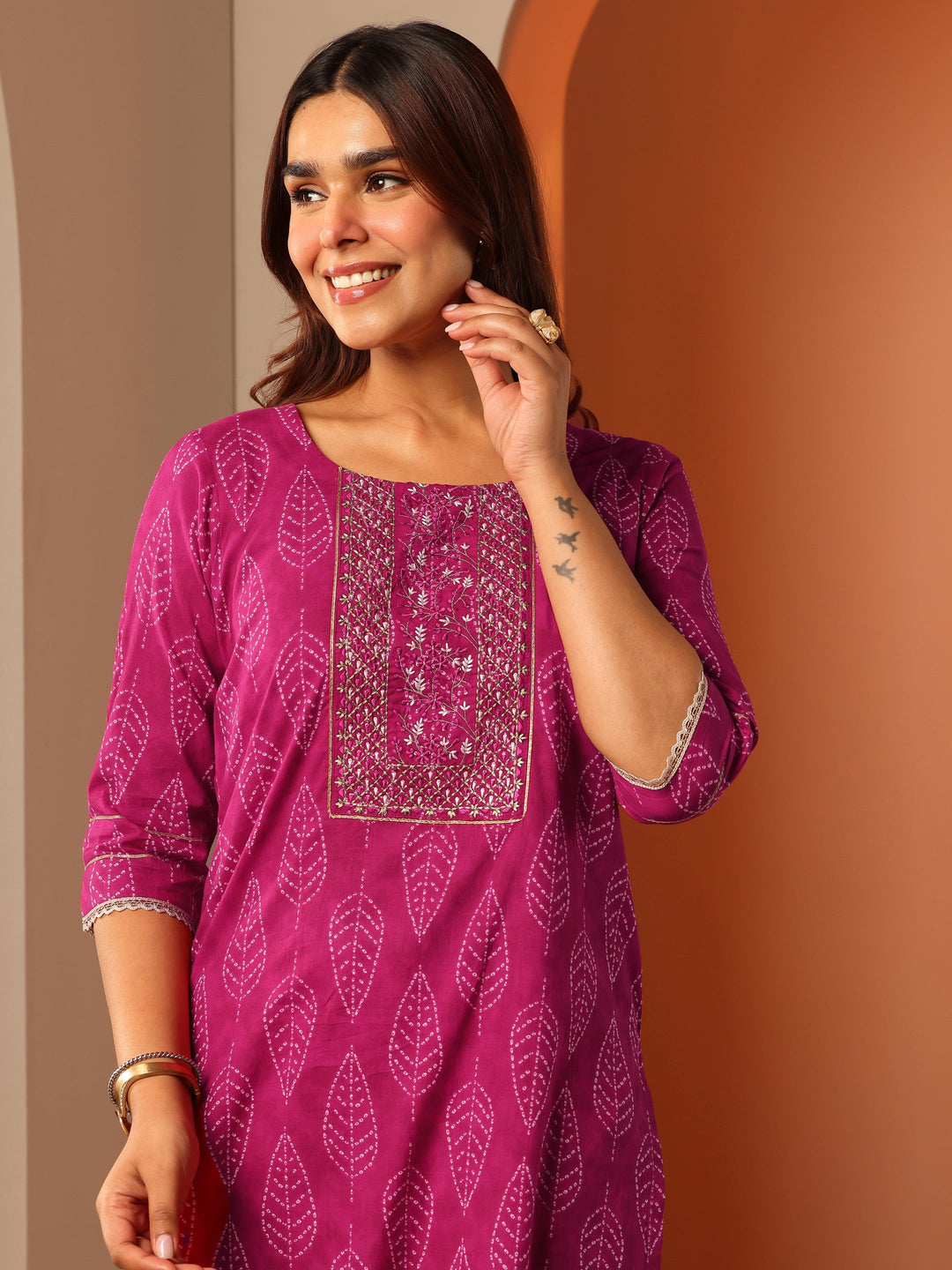 Pink Printed Cotton Straight Kurta Set