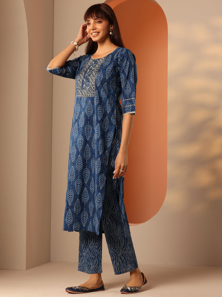 Blue Printed Cotton Straight Kurta Set
