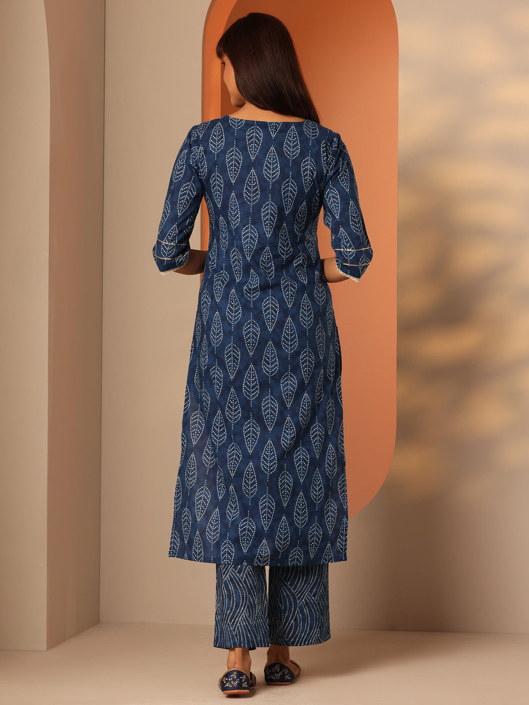 Blue Printed Cotton Straight Kurta Set