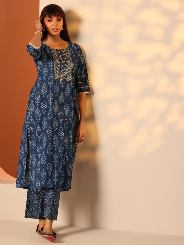 Blue Printed Cotton Straight Kurta Set