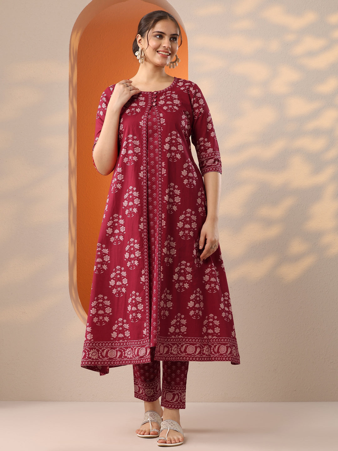 Red Printed Cotton Anarkali Suit Set With Jacket