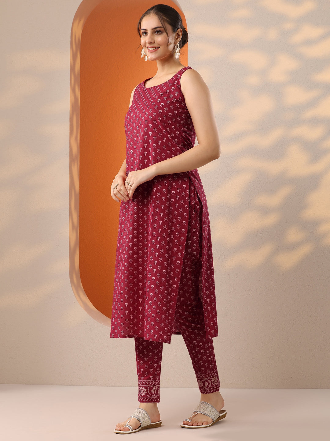 Red Printed Cotton Anarkali Suit Set With Jacket