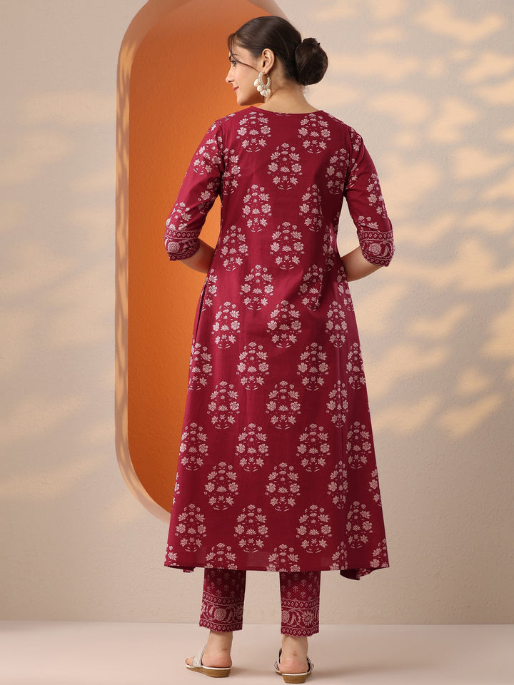 Red Printed Cotton Anarkali Suit Set With Jacket