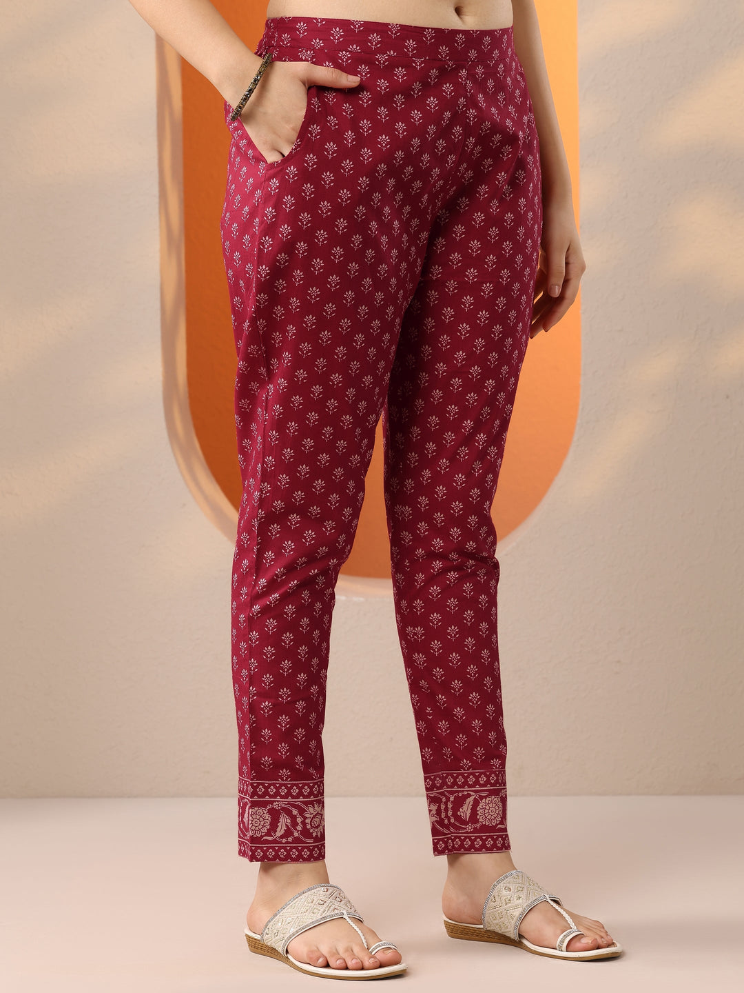 Red Printed Cotton Anarkali Suit Set With Jacket