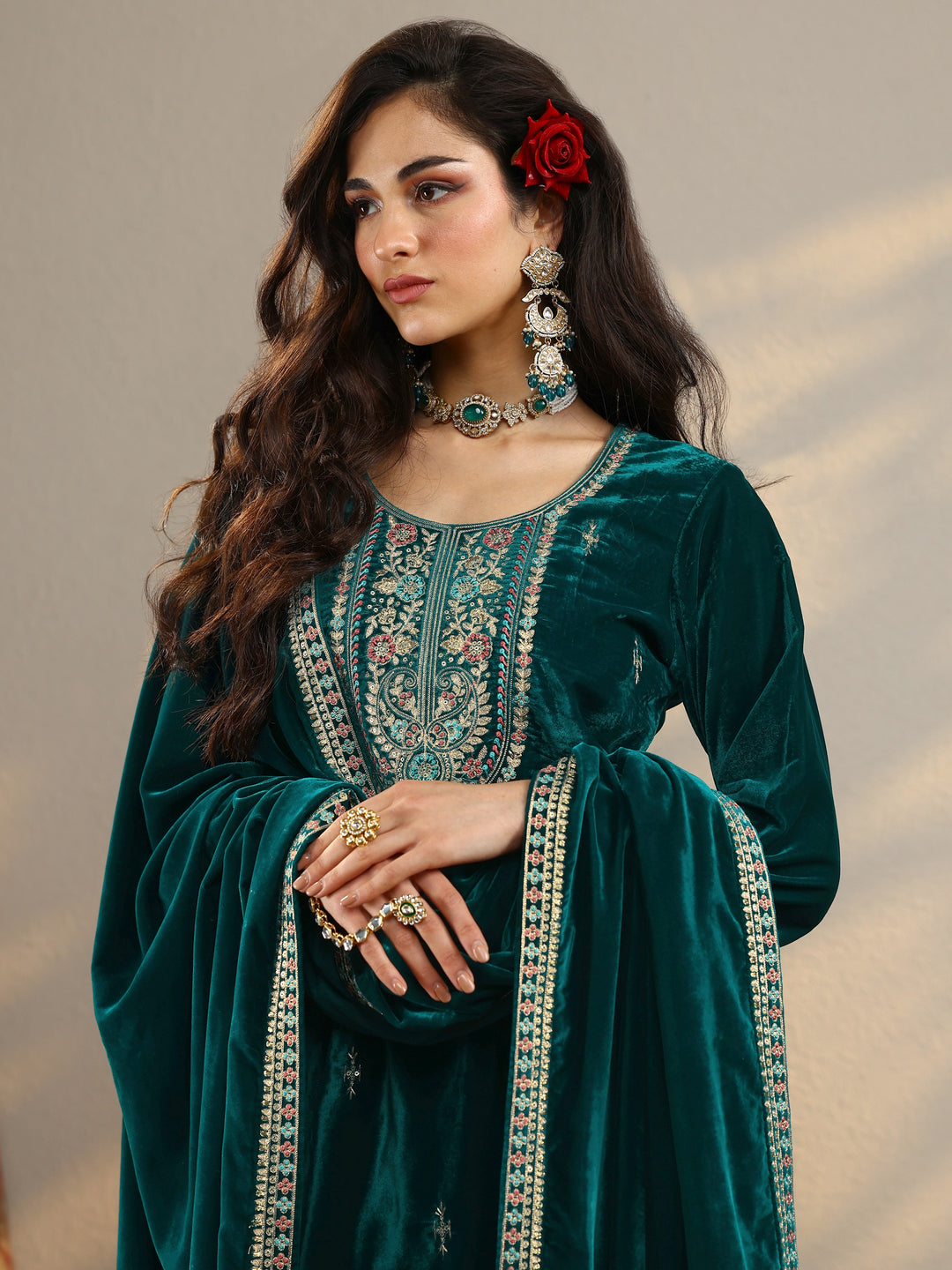 Amruta Teal Embroidered Velvet Straight Suit Set With Dupatta