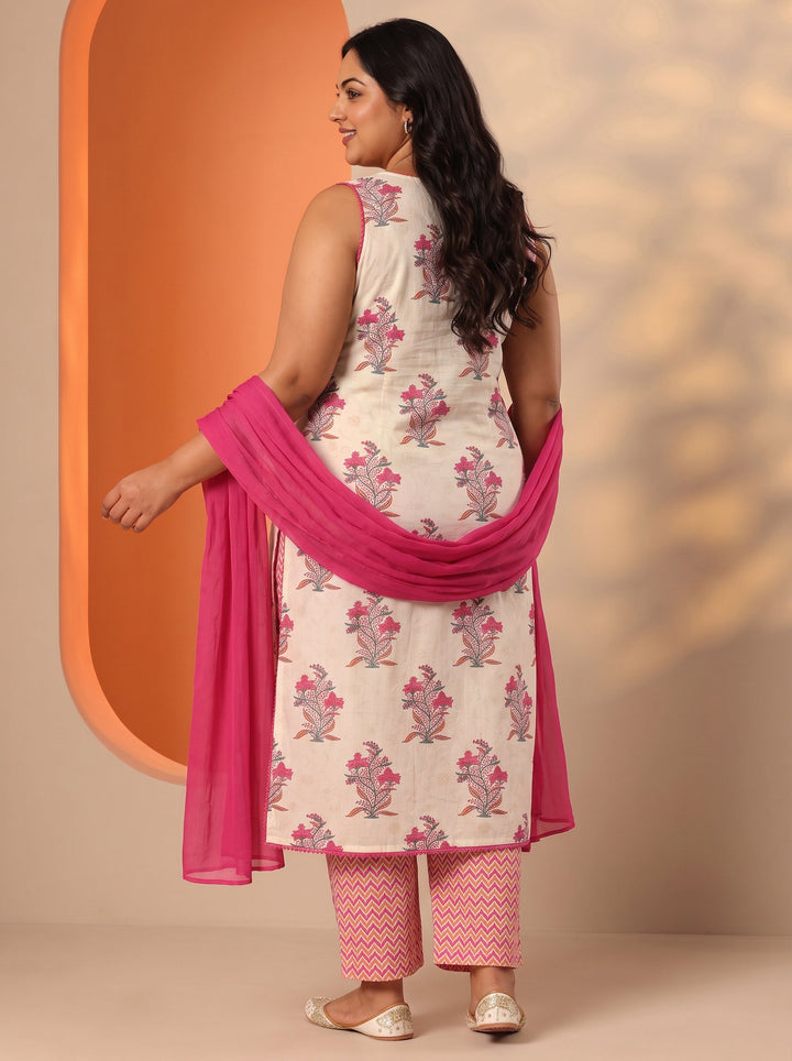 Plus Size Off White Printed Cotton Straight Suit Set With Dupatta