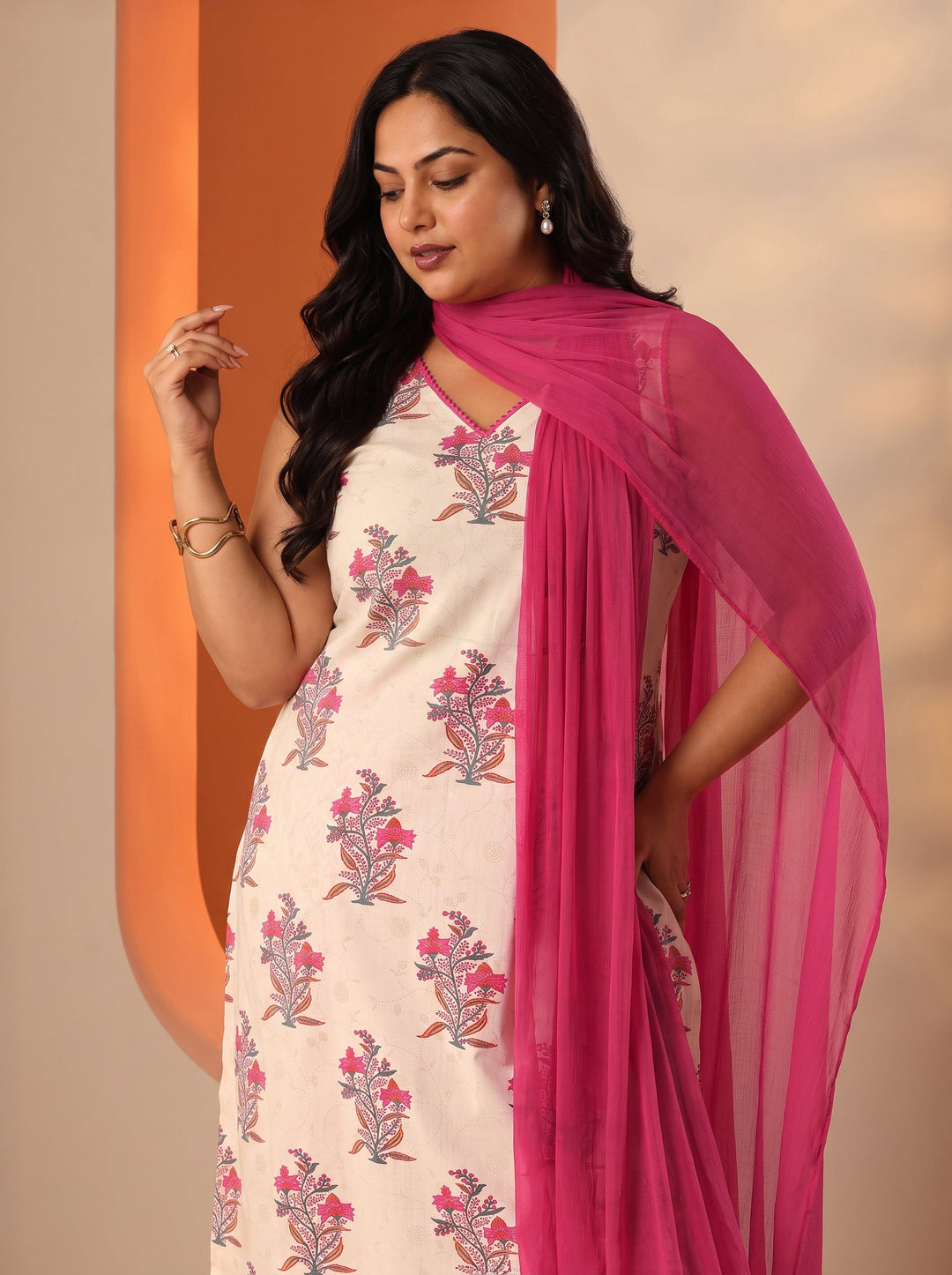 Plus Size Off White Printed Cotton Straight Suit Set With Dupatta