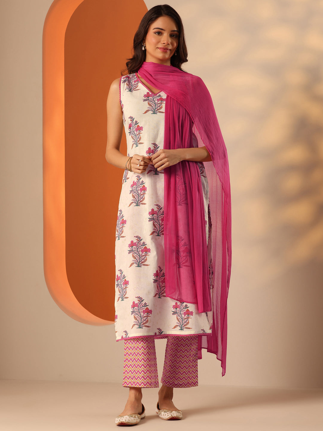 Off White Printed Cotton Straight Suit Set With Dupatta