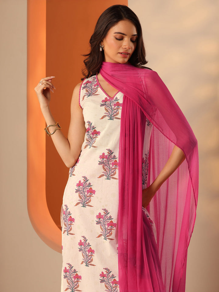 Off White Printed Cotton Straight Suit Set With Dupatta