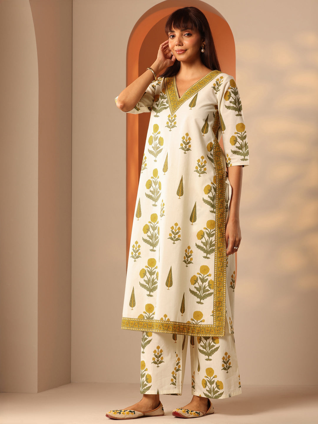 Off White Printed Cotton Straight Kurta Set