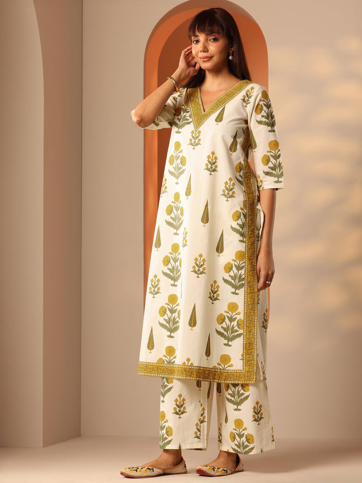 Off White Printed Cotton Straight Kurta Set