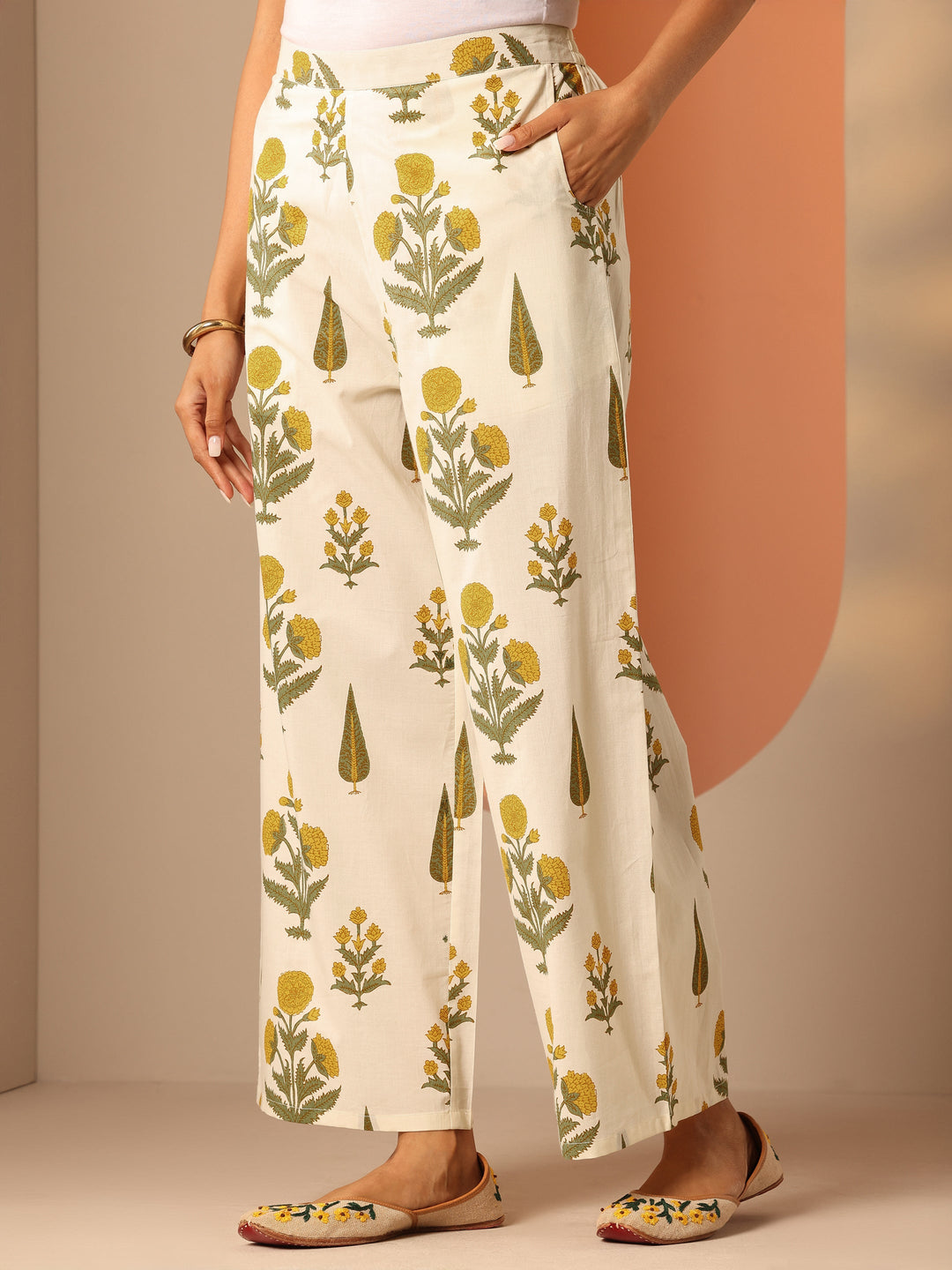 Off White Printed Cotton Straight Kurta Set