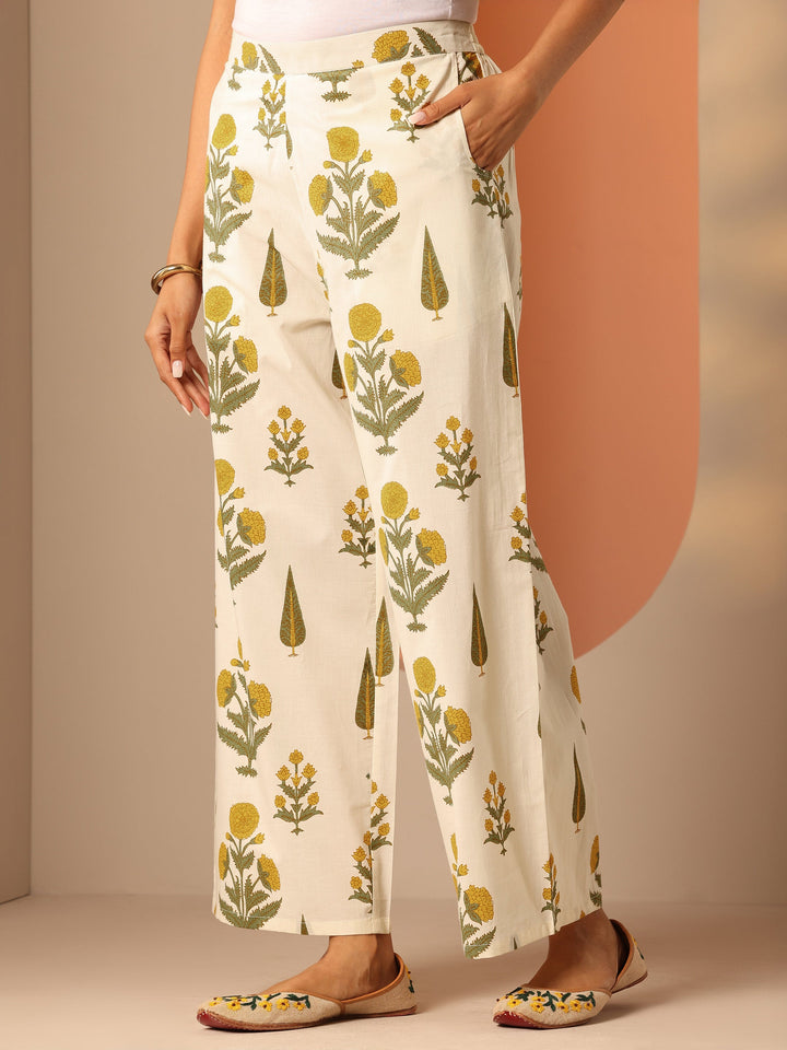Off White Printed Cotton Straight Kurta Set