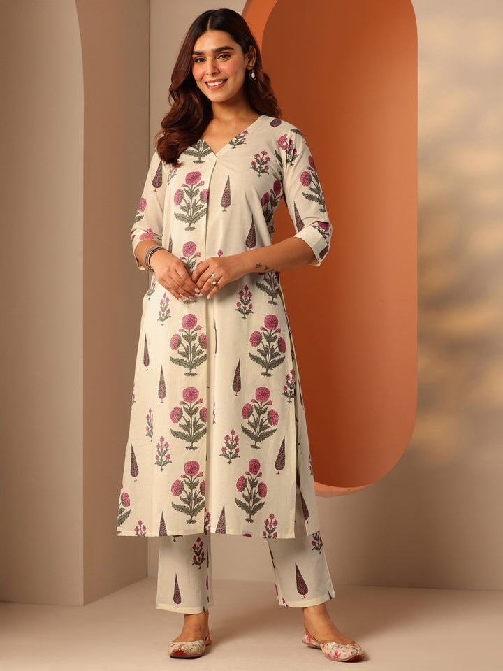 Off White Printed Cotton Straight Kurta Set