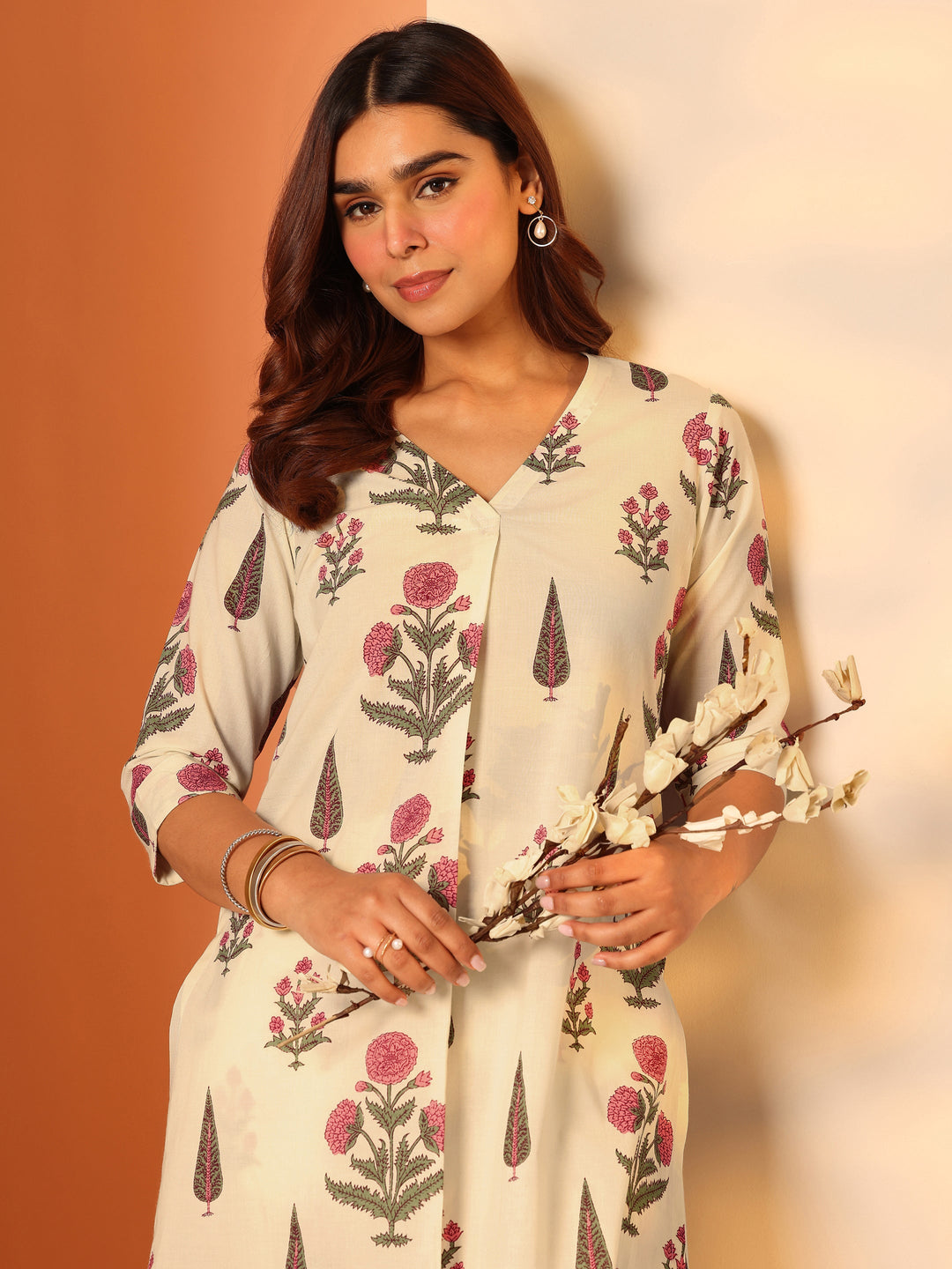 Off White Printed Cotton Straight Kurta Set