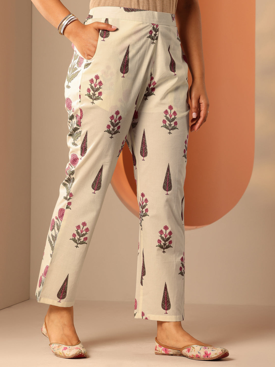 Off White Printed Cotton Straight Kurta Set