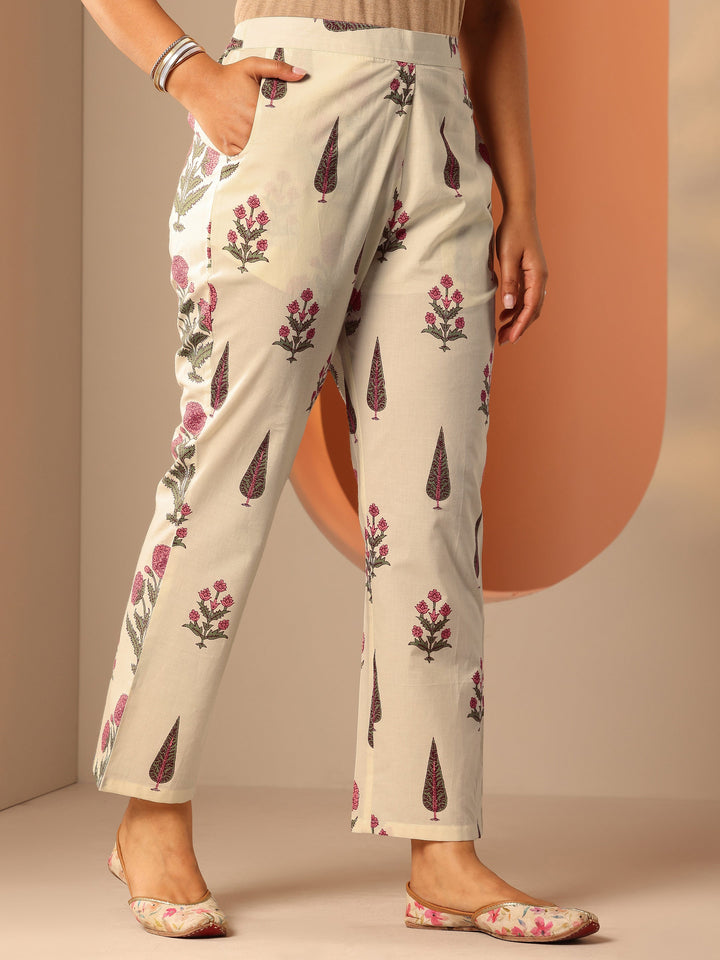 Off White Printed Cotton Straight Kurta Set