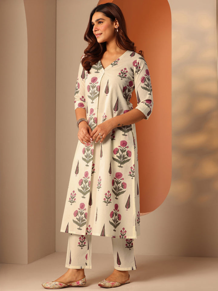 Off White Printed Cotton Straight Kurta Set