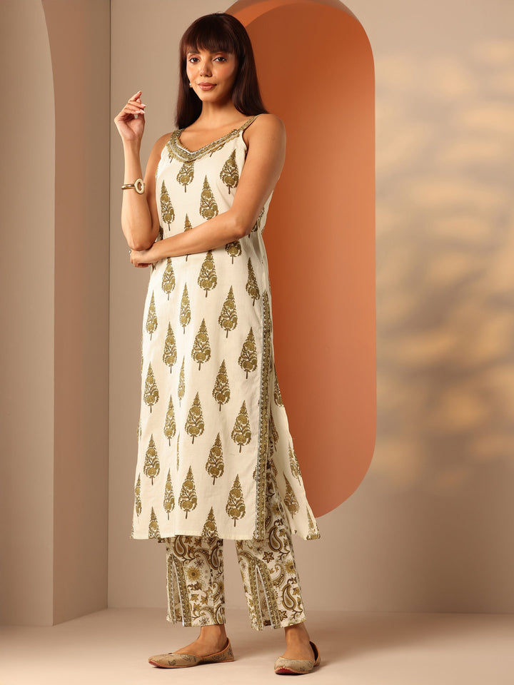 Off White Printed Cotton Straight Suit Set With Dupatta