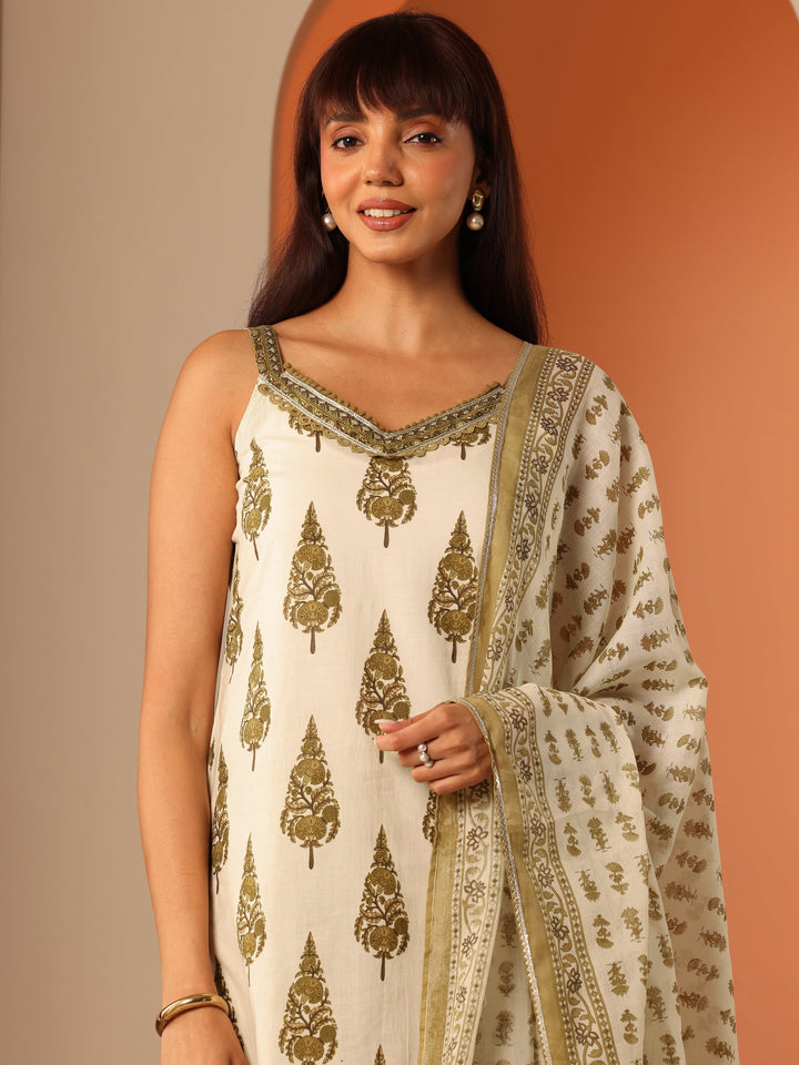 Off White Printed Cotton Straight Suit Set With Dupatta