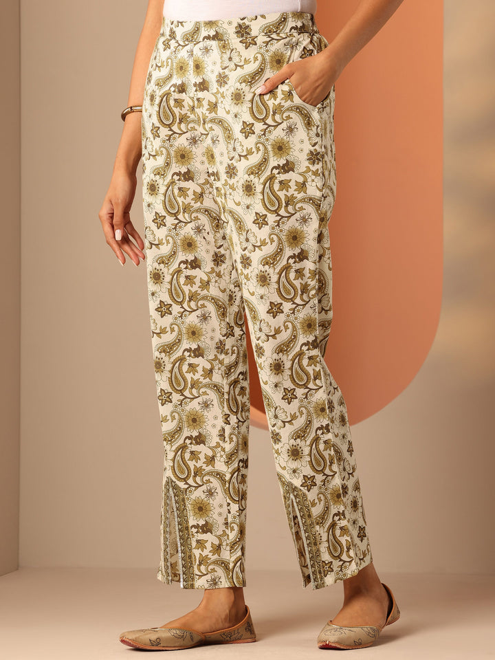 Off White Printed Cotton Straight Suit Set With Dupatta