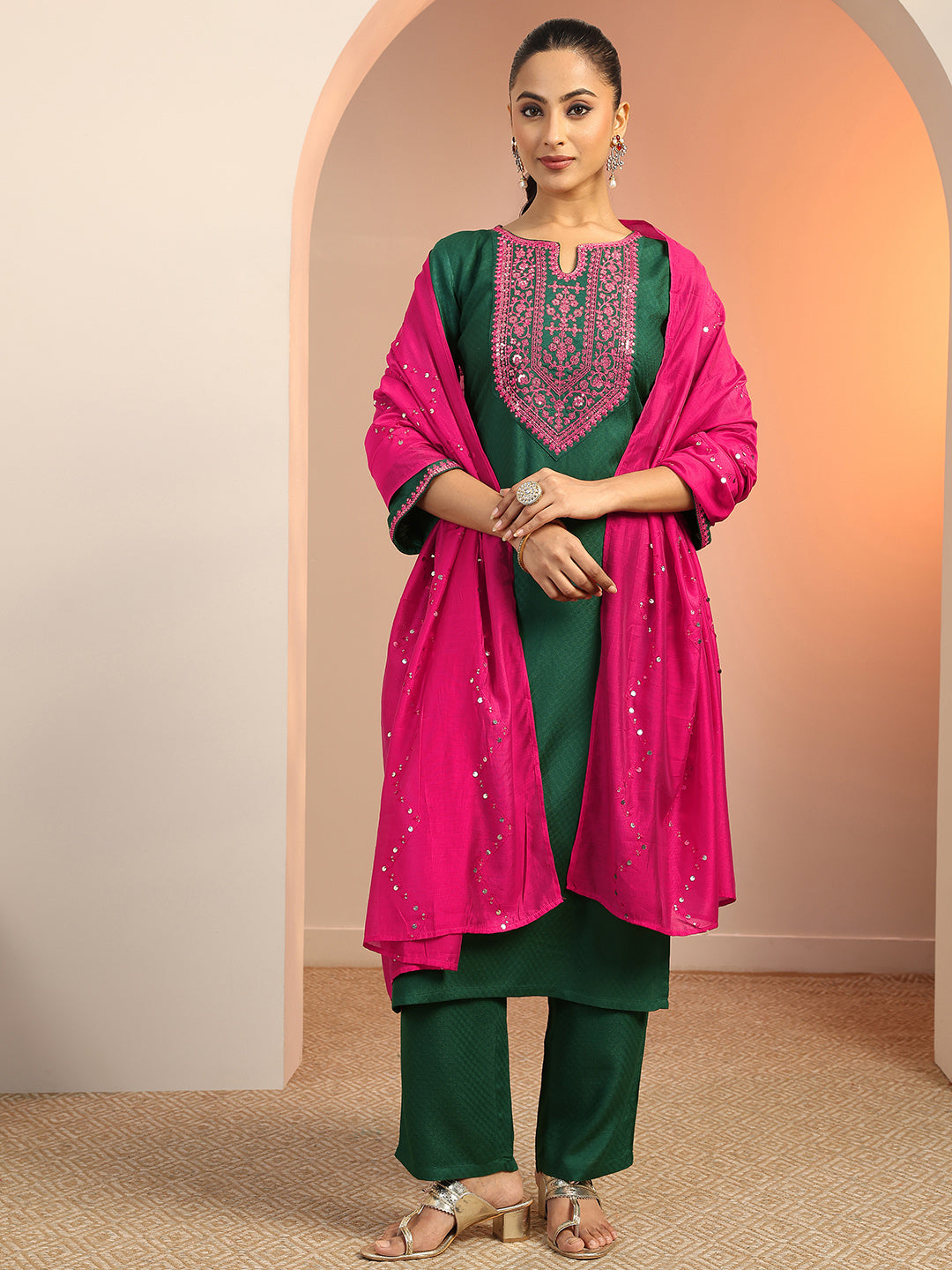 Green Embroidered Rayon Straight Suit Set With Dupatta