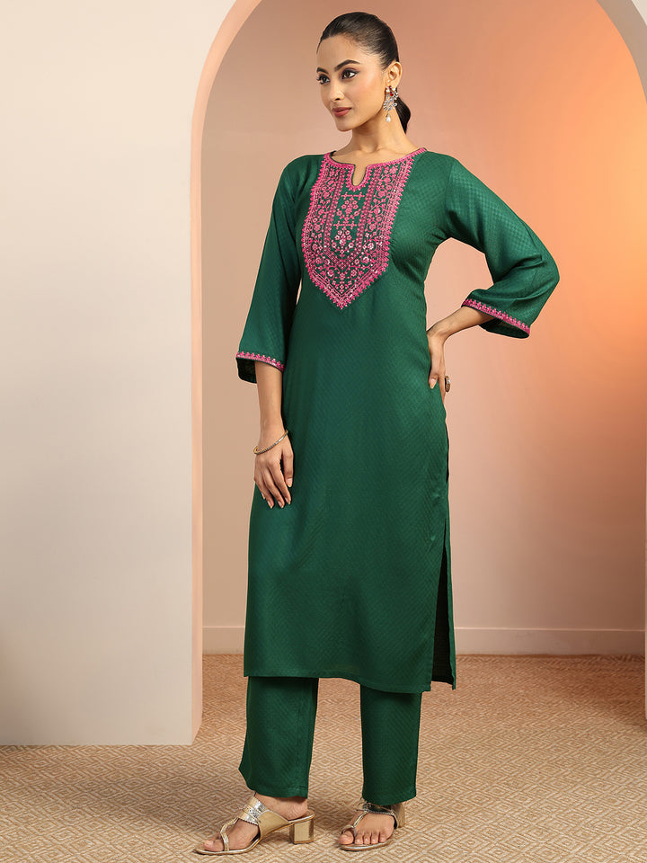 Green Embroidered Rayon Straight Suit Set With Dupatta