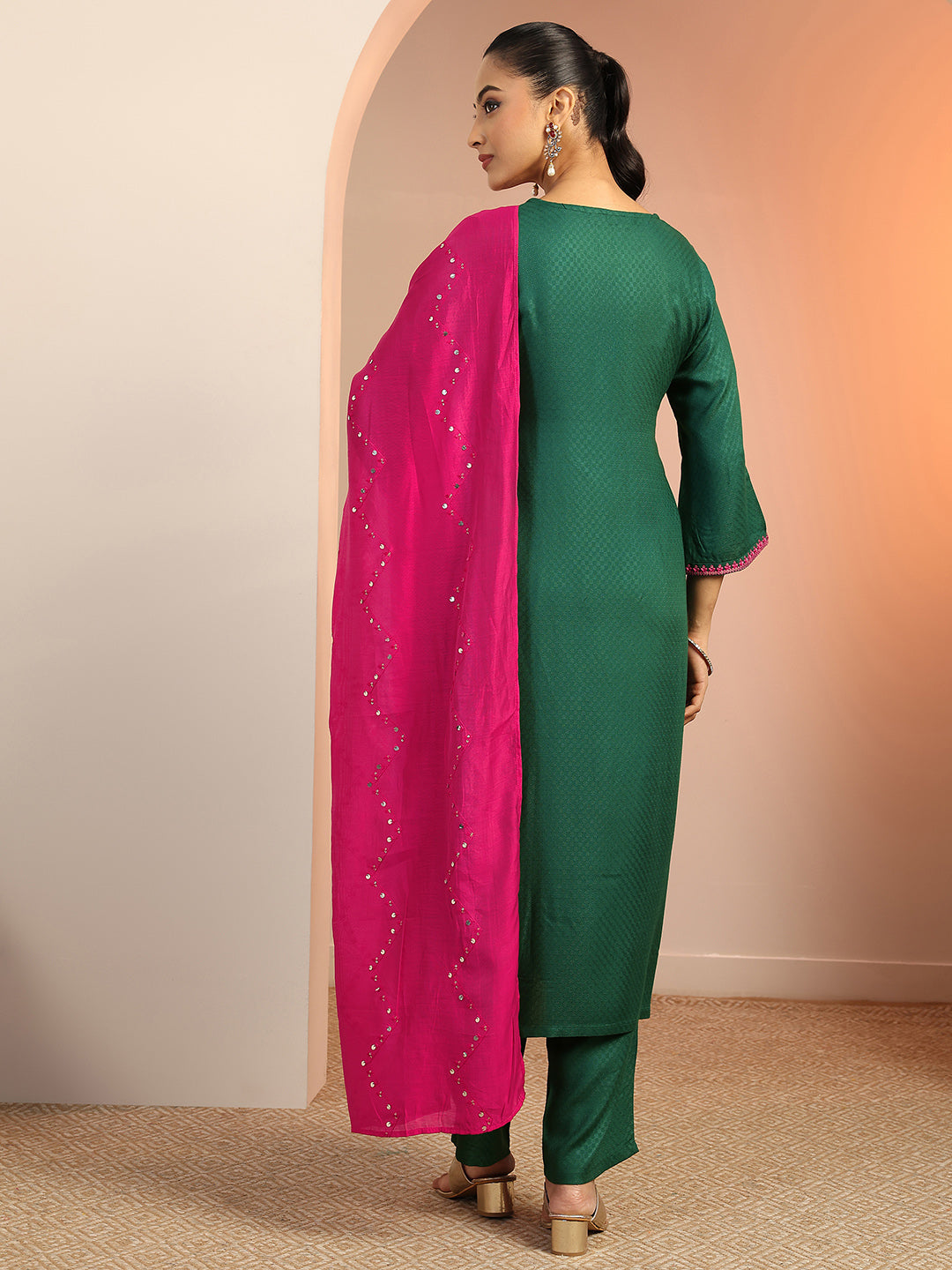Green Embroidered Rayon Straight Suit Set With Dupatta