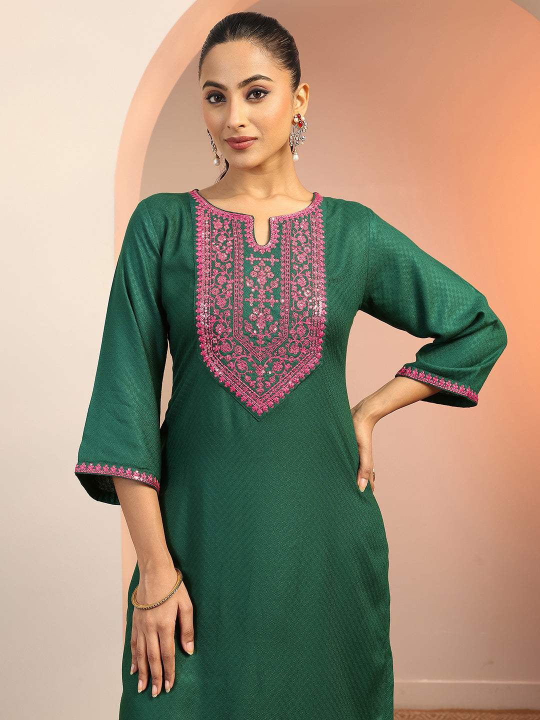 Green Embroidered Rayon Straight Suit Set With Dupatta
