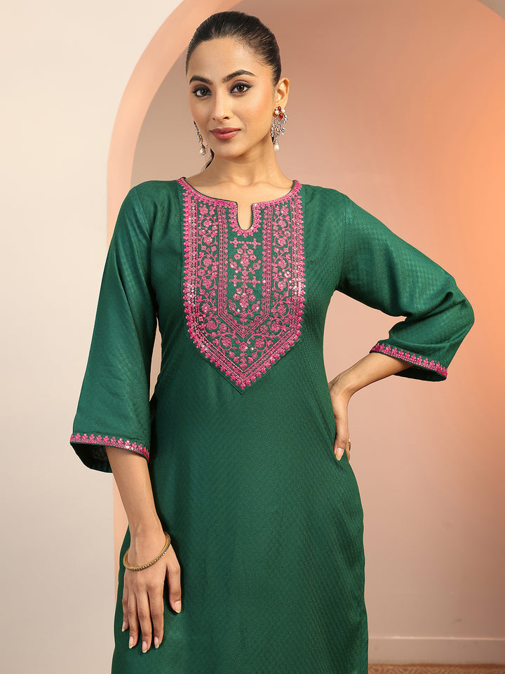 Green Embroidered Rayon Straight Suit Set With Dupatta
