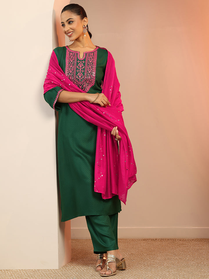 Green Embroidered Rayon Straight Suit Set With Dupatta