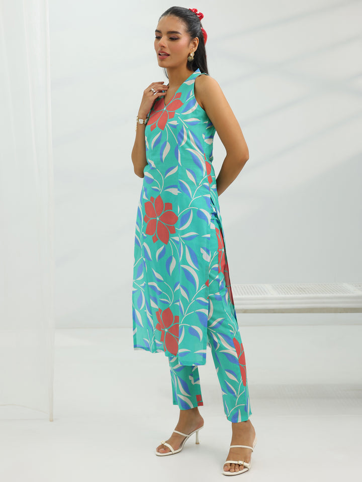 Blue Printed Rayon Straight Kurta Set