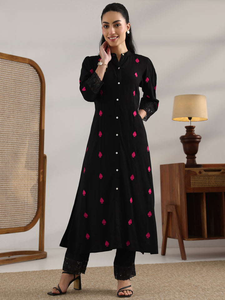 Black Embroidered Rayon Straight Kurta Set